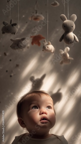 Baby Looking Up at a Crib Mobile with Wonder