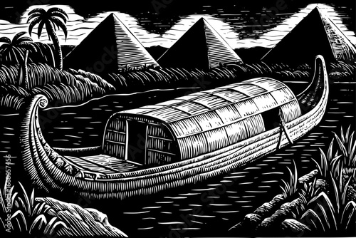 Egyptian papyrus reed boat floating on Nile River, ancient history shown in black and white sketch