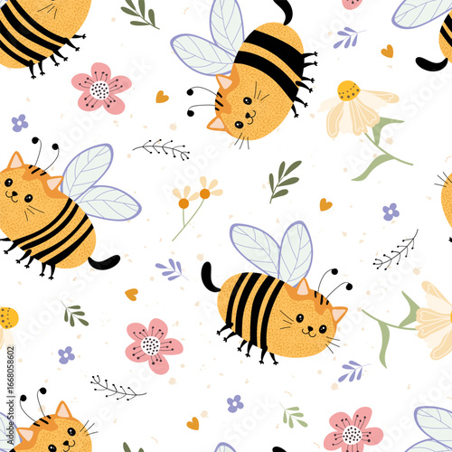 Cute bee cat pattern on white background. Adorable kitten illustration with wings. Childish repeat print for fabric design.