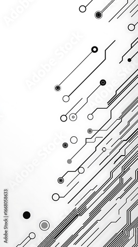 Abstract network of lines and circles with varied density, white background, minimalist design