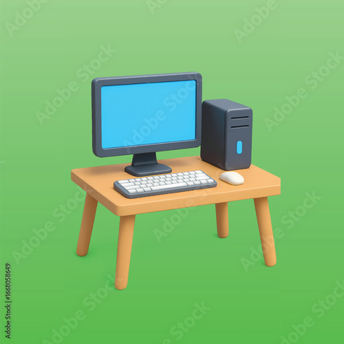 3D illustration of a desktop computer with monitor, keyboard, and mouse on a table