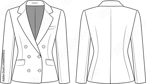 Double-breasted women’s blazer cad drawing, front and back technical sketch, formal tailored jacket vector flat fashion template for Adobe Stock