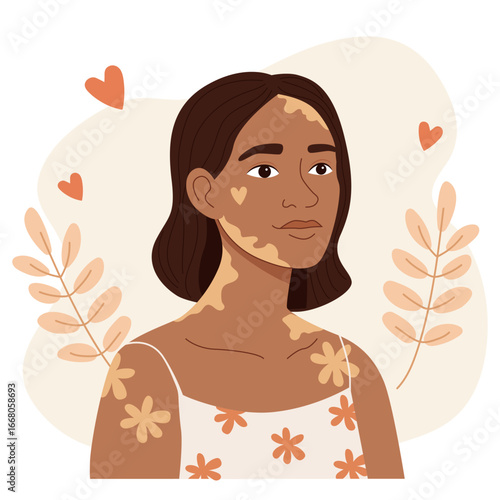 Woman with vitiligo, skin condition awareness concept. Empowering self acceptance for diversity and body positive illustration.