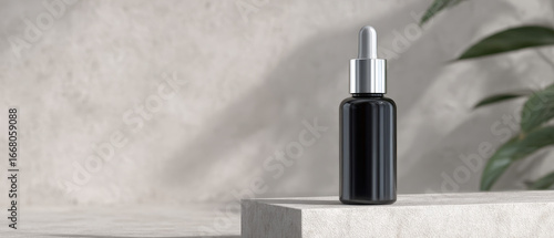 Dark dropper bottle with chrome accent on stone platform