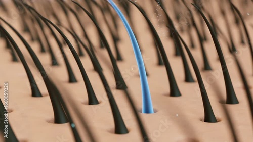 3D animation of hair growth serum. Oil drop nourishes root, repairing damaged hair and promoting healthy, strong strands. Perfect for shampoo or beauty ads.