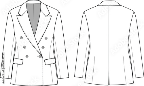 Double-breasted women’s blazer flat sketch, detailed vector fashion cad with lapel collar, flap pockets, buttons, front and back view