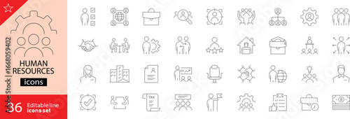 Set of outline icons related to HR, Human Resources, Recruitment, Employment, business, office, company, and management. Editable stroke. Vector illustration.