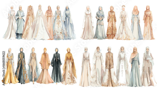 Elegant watercolor illustration of women in modest fashion and bridal gowns, showcasing hijab styles, wedding couture, and cultural elegance.