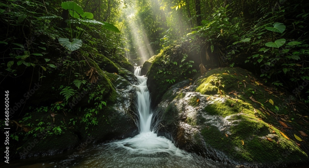 Obraz premium Waterfall flows through lush green forest with sunlight