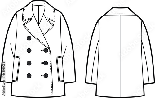 Double-breasted women’s coat flat sketch with wide lapel collar, front buttons, and welt pockets — cad drawing flat vector illustration