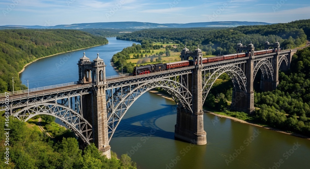 Fototapeta premium Steam Train Crossing the Iconic Pontcysyllte Aqueduct Bridge in Wales