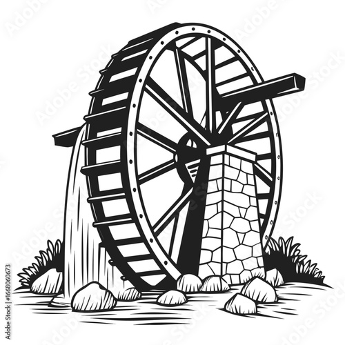 Canvastavla Ancient waterwheel on river silhouette