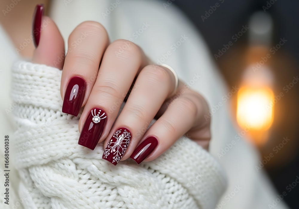 Naklejka premium Elegant burgundy nails with snowflake design for winter