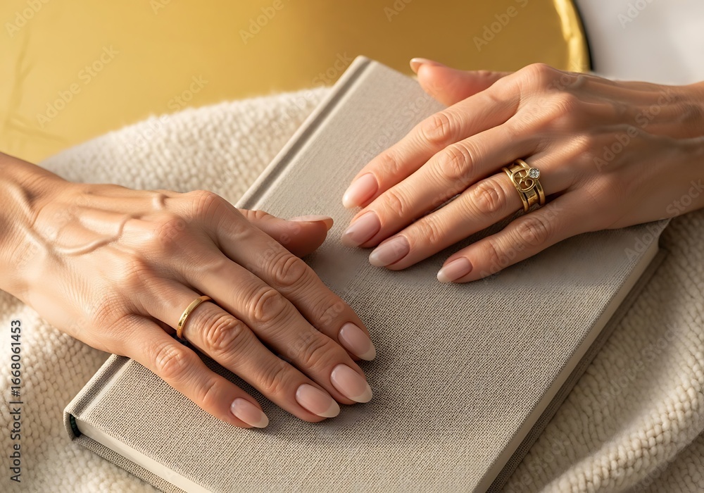 Elegant Hands Resting on Book, Symbolizing Wisdom and Serenity Elegant Hands Resting on Book, Symbolizing Wisdom and Serenity
