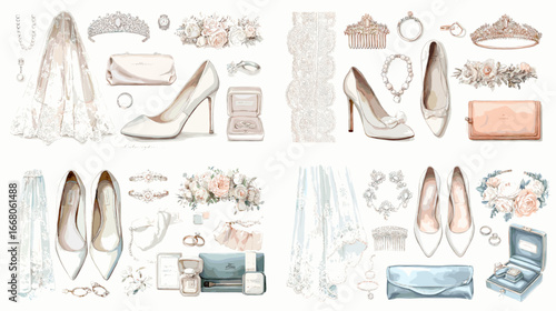 Elegant watercolor illustration of wedding accessories including shoes, tiaras, jewelry, purses, and veils, perfect for bridal fashion and design.