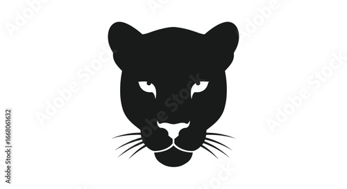Black panther head silhouette with piercing eyes and prominent whiskers on white background.
