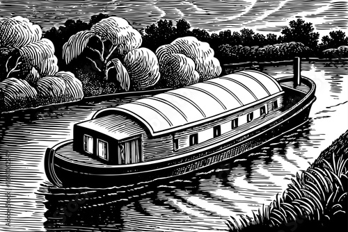 Northern European cargo barge sailing slow river, historical trade boat detailed in black and white sketch