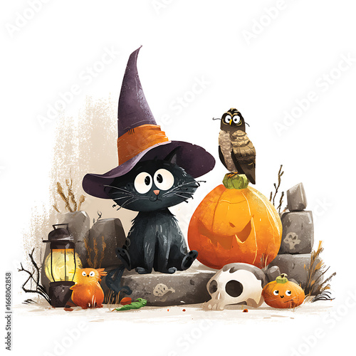 Whimsical Halloween Scene: A Cartoon Black Cat, Owl, and Pumpkins Celebrate the Spooky Season