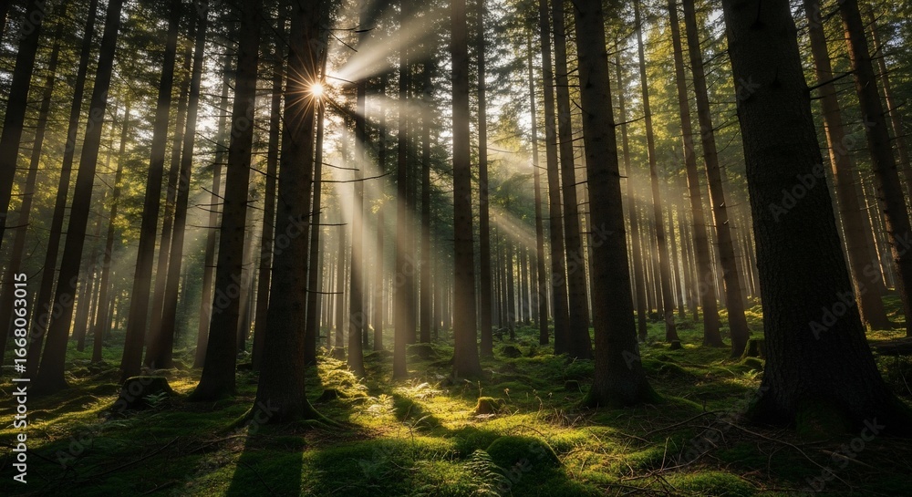 Obraz premium Sunbeams Piercing a Misty Forest Floor