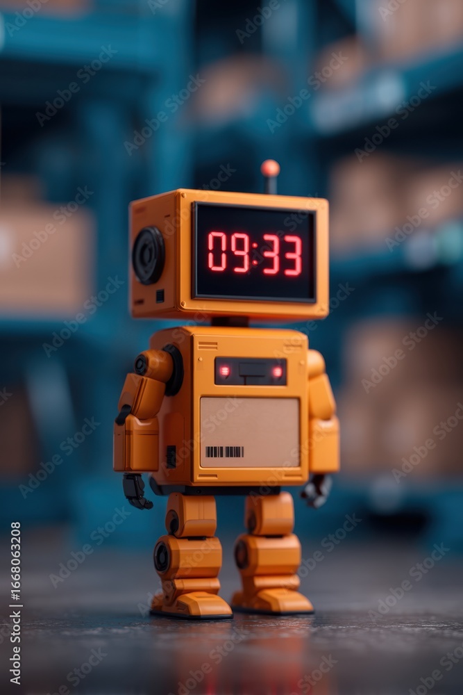 Fototapeta premium Time Management in Logistics Concept. A charming orange robot with a digital clock display stands in a warehouse, surrounded by shelves filled with boxes.