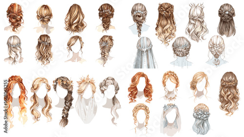 Watercolor illustration of women’s hairstyle collection with braids, curls, buns, and wedding styles in elegant and fashionable designs.