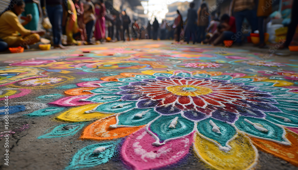 Fototapeta premium Holi. Colorful rangoli design on street with people n the background