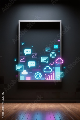 Wallpaper Mural A surreal simple frame in dark wall shows floating holograms, digital icons spilling outside into the room Torontodigital.ca