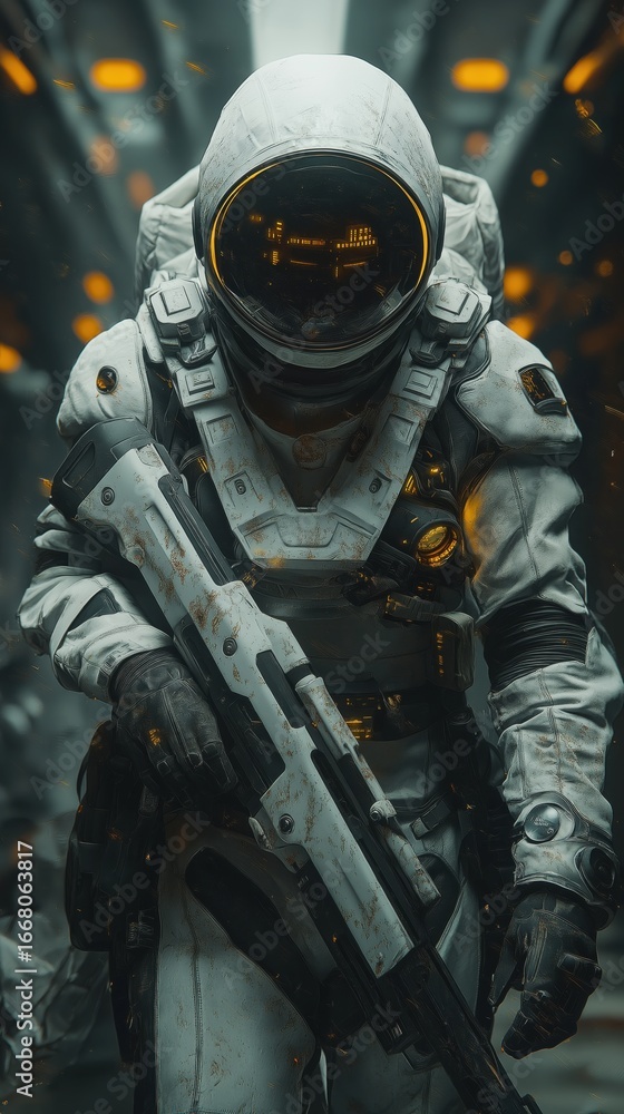 Obraz premium Astronaut in futuristic white armored space suit holding large rifle walking inside glowing sci-fi spaceship corridor with cinematic lights perfect for gaming artworks and science fiction posters