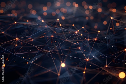 Dynamic digital network composed of glowing nodes and thin luminous connections arranged in intricate geometric patterns evoking high-tech communication christmas lights background