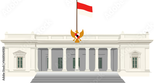 Vector illustration of the Indonesian State Palace (Istana Negara) with Garuda Pancasila emblem and Indonesian national flag, symbolizing government, politics, and national identity