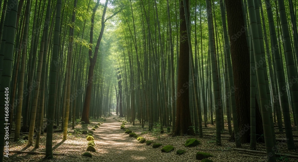 Obraz premium Sunlit Path Through Serene Bamboo Forest