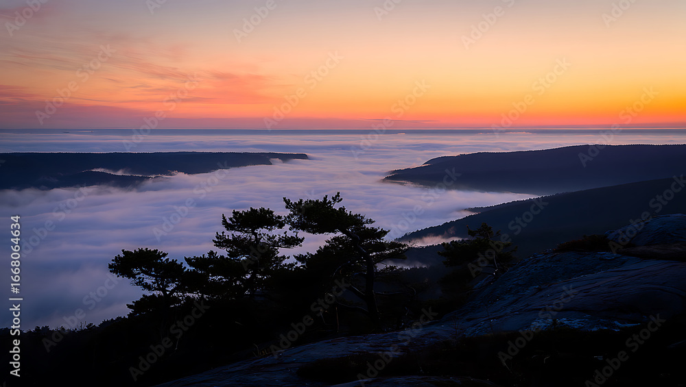Fototapeta premium Beautiful mountain sunrise with fog and trees