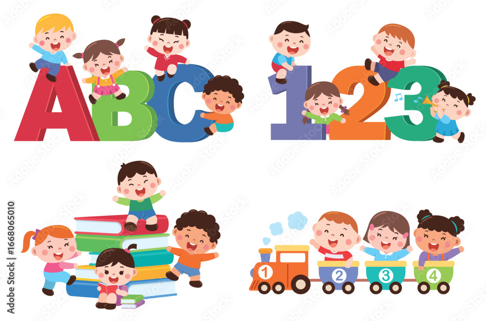 Cute Kids Learning ABC, 123, Reading Books and Train Ride Illustration Cute Kids Learning ABC, 123, Reading Books and Train Ride Illustration