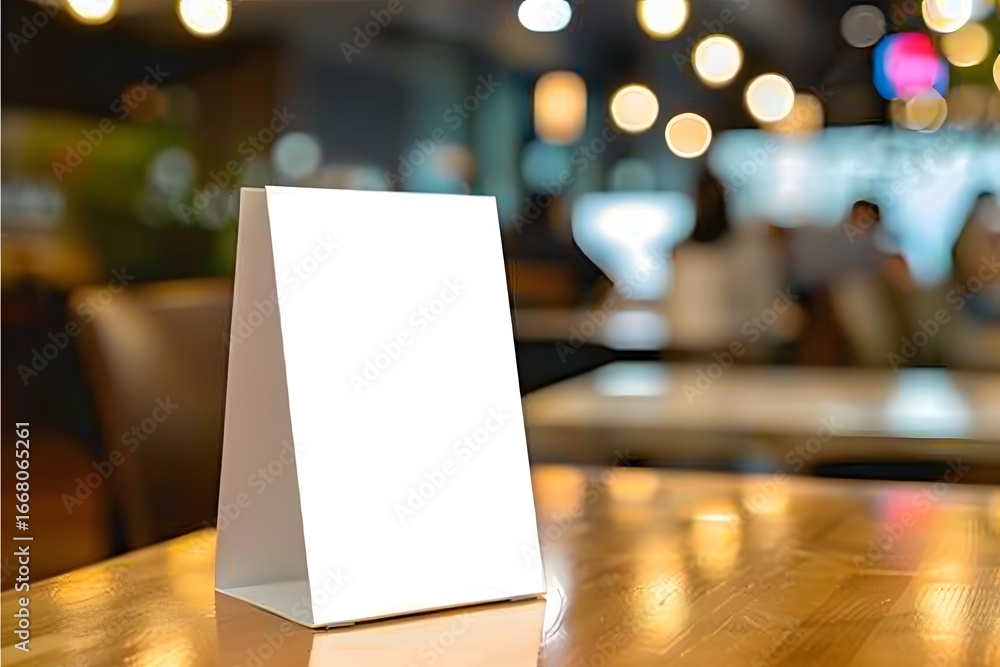 custom made wallpaper toronto digitalMock up Label the blank menu frame in Bar restaurant, Stand for booklets with white sheets paper acrylic tent card on wooden table cafeteria blurred background can inserting the text of the customer