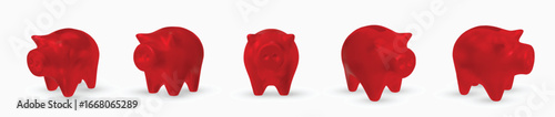 Minimalist 3D red piggy bank collection perfect for financial design, banking apps, money saving concepts, and investment promotions.