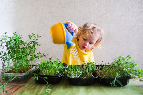 A young girl is watering plants in a garden