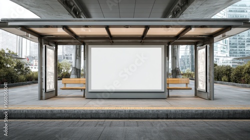Fototapeta Naklejka Na Ścianę i Meble -  Stunning photo of blank digital billboard mockup in train station platform. Modern design. Empty space for advertisement. Suitable for marketing presentations retail ads.