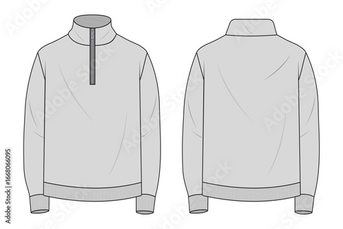 HIGH NECK JACKET FLAT CAD. Quarter-Zip Pullover Sweater Vector Fashion Flat Sketch. Mock-Funnel Neck Design Template - Front and Back. Apparel Technical Drawing: Long Sleeve Quarter-Zip Sweatshirt.