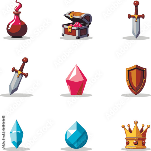Pixel Art RPG Items include a Potion, Sword, Treasure, Gems, and a Crown for adventure