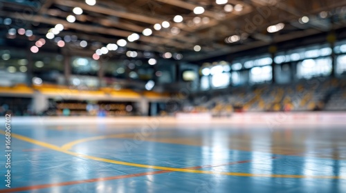 Fototapeta Naklejka Na Ścianę i Meble -  Stunning photo of blurred background of a futsal arena with an empty court and seating area. The image captures the indoor sports facility, highlighting the court markings and.