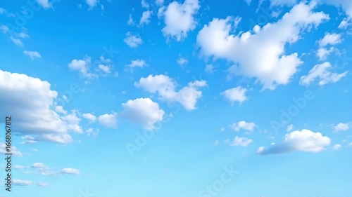 Bright blue sky with scattered fluffy white clouds, perfect for weather, nature, background and peaceful themes
