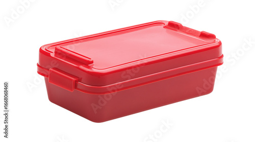 Red plastic lunch box isolated on transparent background 