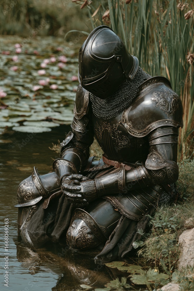 Fototapeta premium Dark-armored knight sits by a lily pond