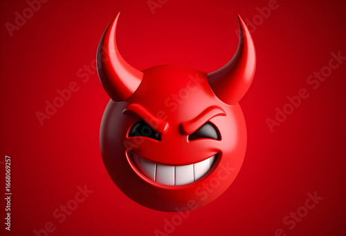 Smiling Red Devil Emoji with Horns on a Red Background
