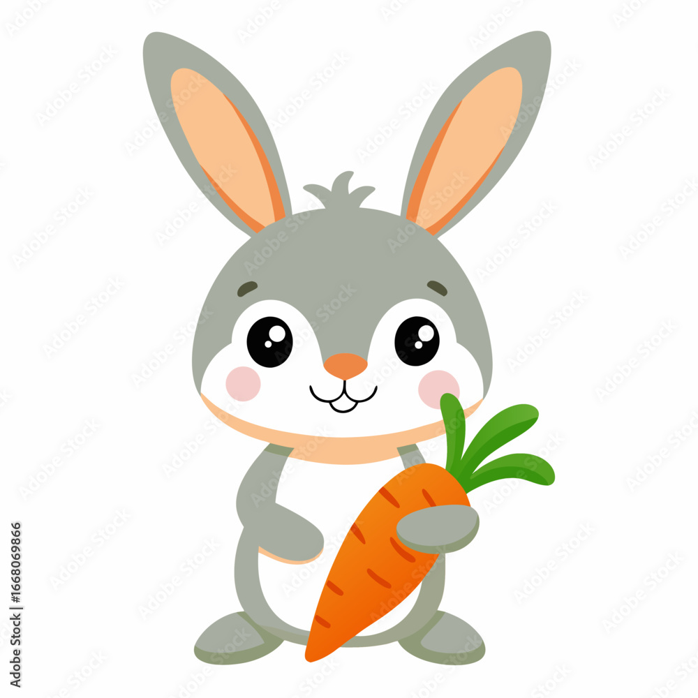 Obraz premium Adorable Cartoon Bunny Rabbit Holding a Carrot: Happy, Childlike, Springtime Illustration