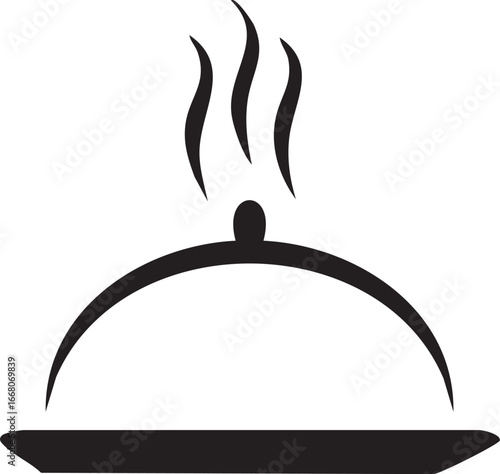 Hot meal cloche silhouette with steam rising on plate in black and white for restaurant logo or food service design concept
