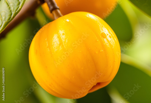 Close-up of a vibrant yellow fruit on a tree branch