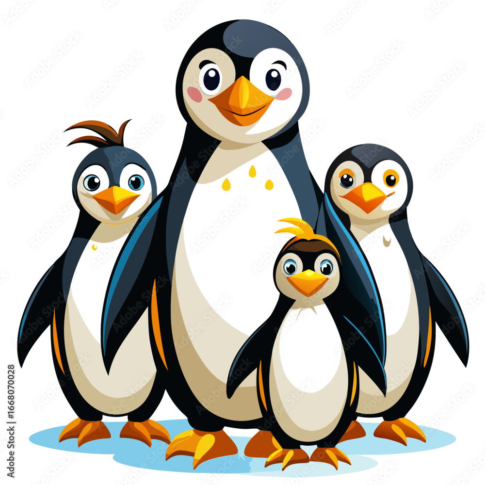 Obraz premium Happy Penguin Family Cartoon Illustration: Adorable, Cheerful, Winter Theme, Childrens Book, White Background.