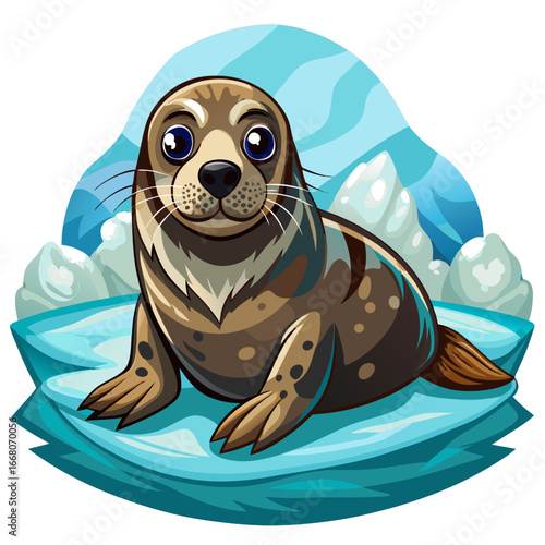 Adorable Cartoon Seal Pup on Ice Floe, Arctic Wildlife Illustration, Childrens Book Style