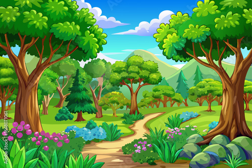 Pleasant green landscape with diverse trees, relaxing forest, bright sky, suitable background for design, pristine and inspiring nature, ideal image for professional graphic, artistic and advertising 